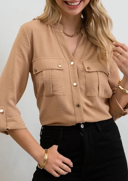 Karissa 3/4 Sleeve Gold Button Top - 2 Colors!