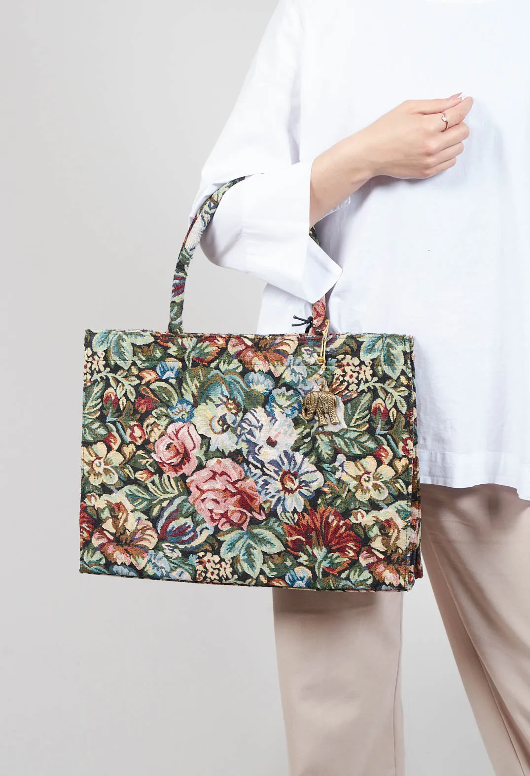 Large Tote Bag with Floral Embroidery in Multicolour