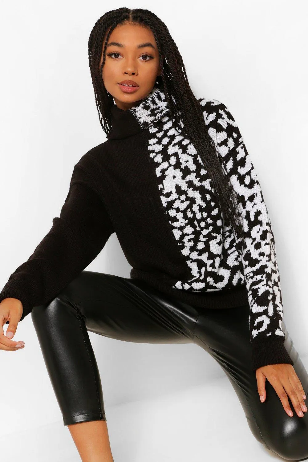 Leopard Spliced Print Turtleneck Sweater