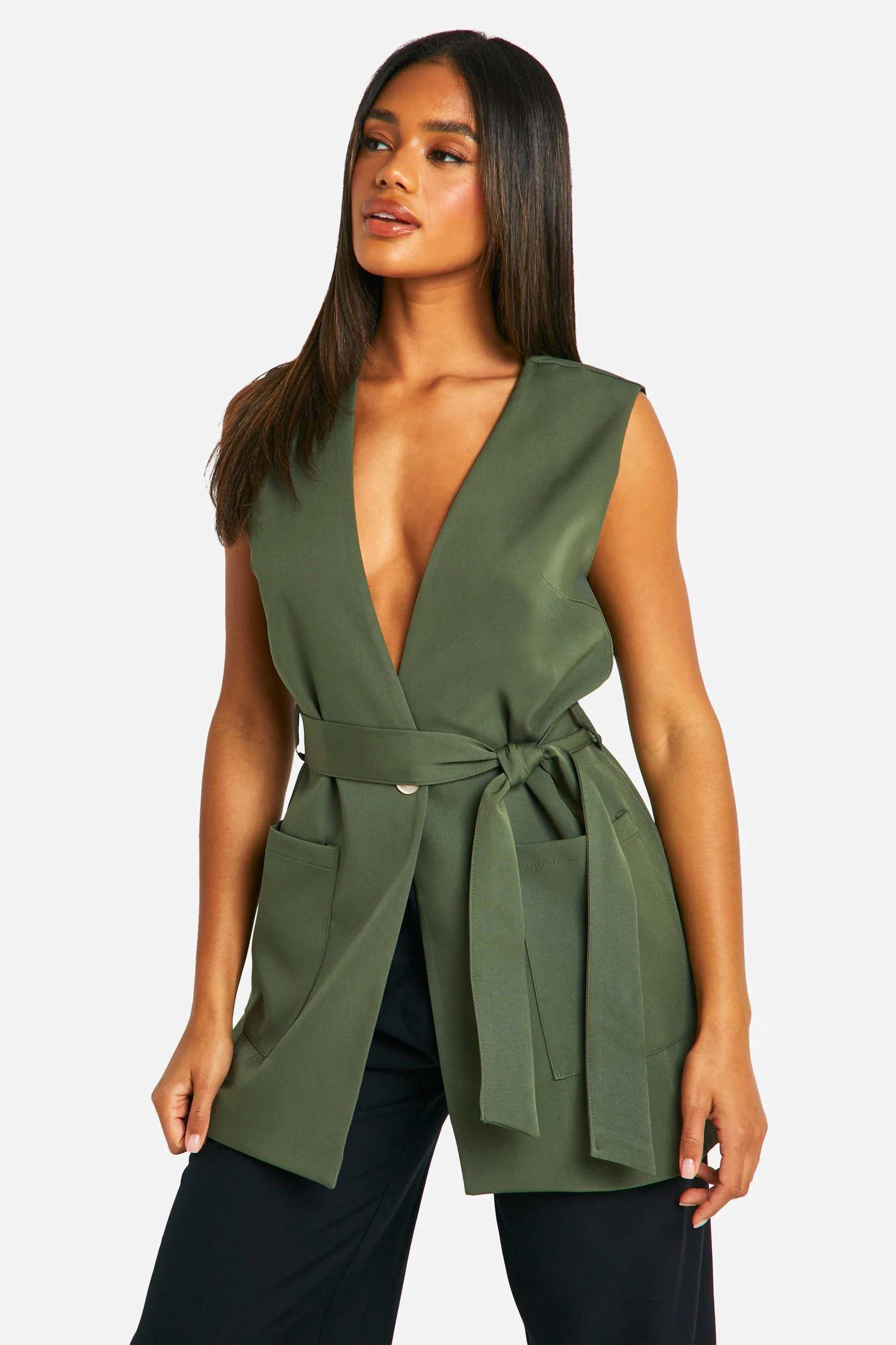 Longline Sleeveless Belted Blazer