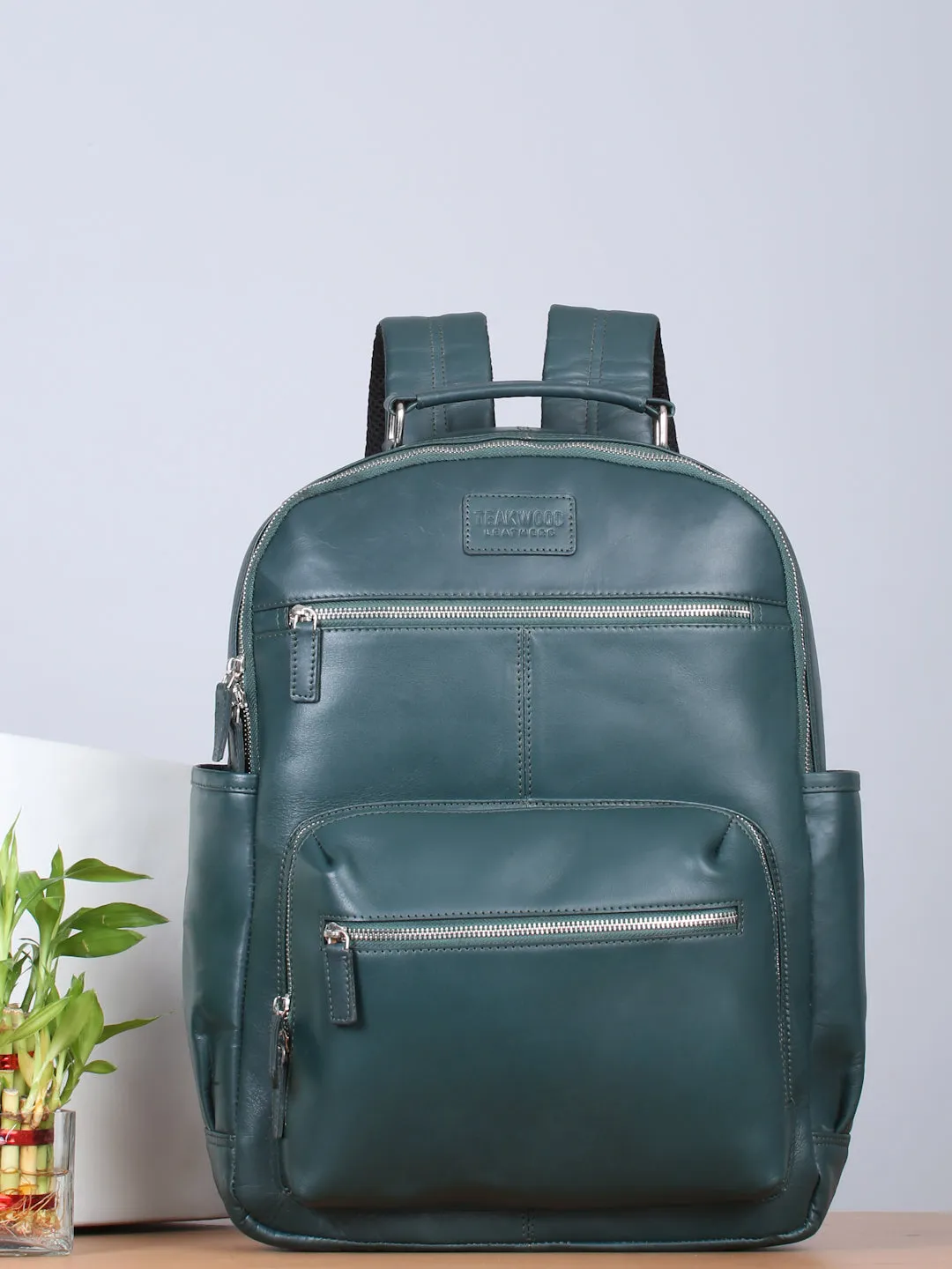 Men's Green Solid Leather backpack - Clearance sale