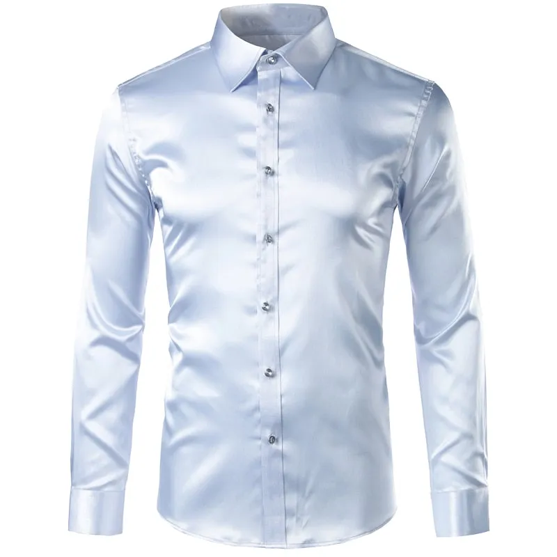 Men's Luxury Satin Silk Turn-down Collar Gold Long Sleeve Party Casual Shirts on Clearance