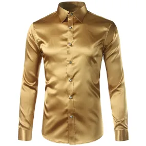 Men's Luxury Satin Silk Turn-down Collar Gold Long Sleeve Party Casual Shirts on Clearance