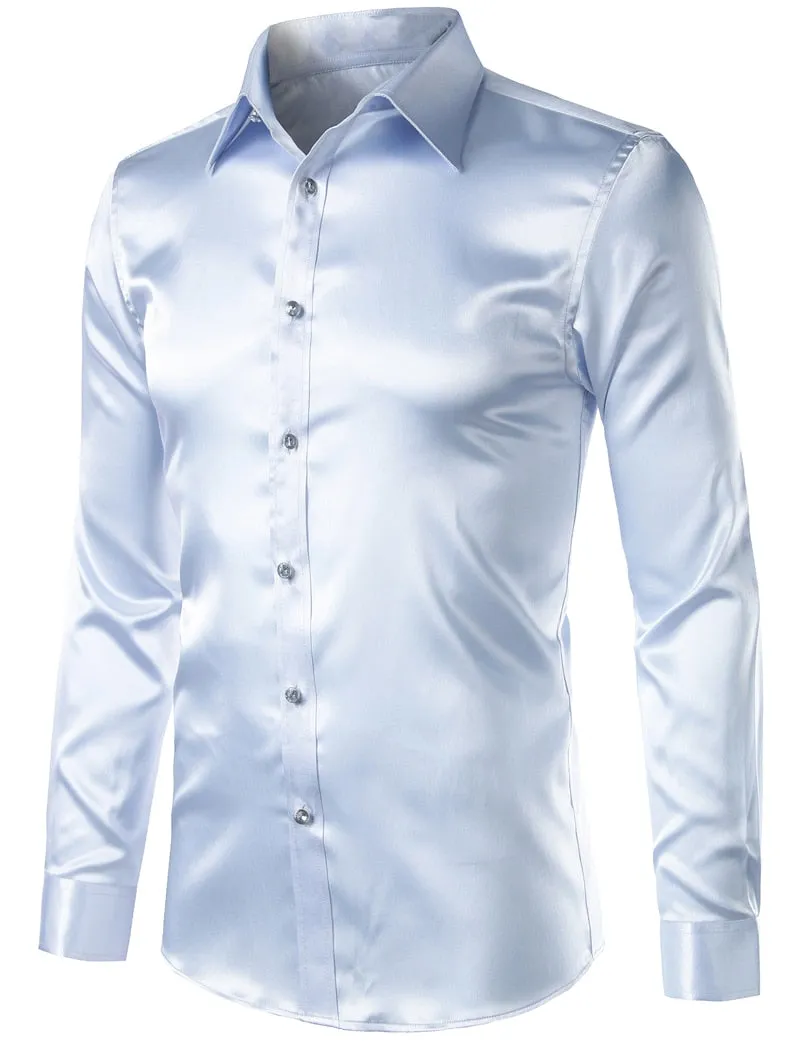 Men's Luxury Satin Silk Turn-down Collar Gold Long Sleeve Party Casual Shirts on Clearance