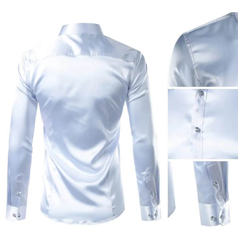 Men's Luxury Satin Silk Turn-down Collar Gold Long Sleeve Party Casual Shirts on Clearance