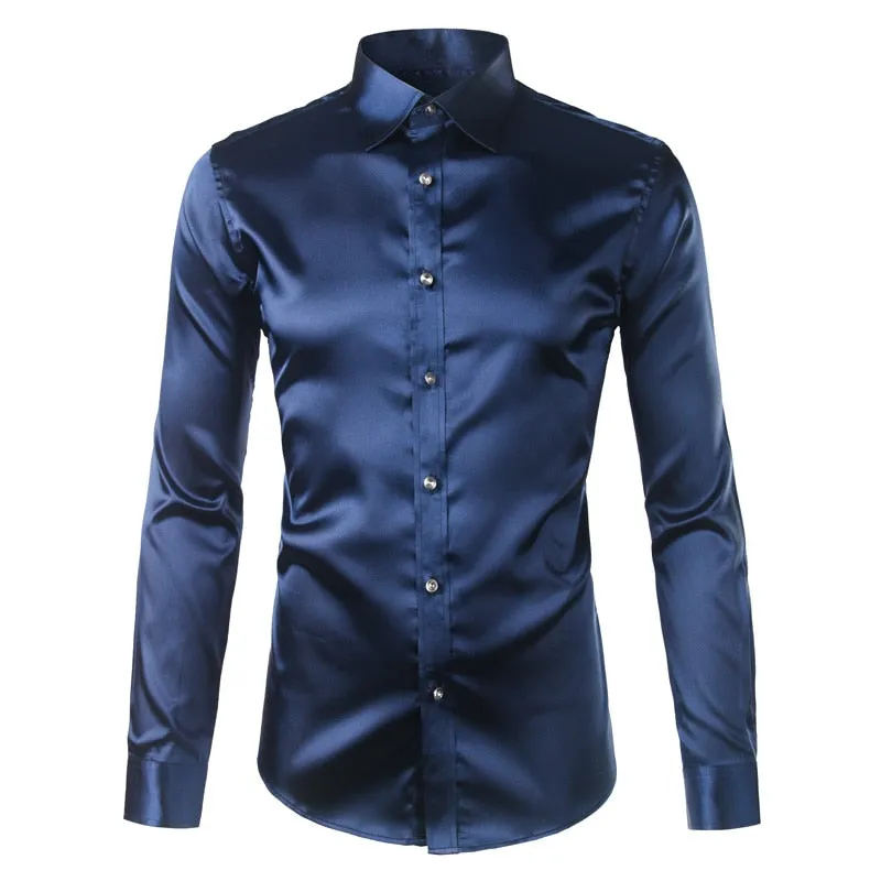 Men's Luxury Satin Silk Turn-down Collar Gold Long Sleeve Party Casual Shirts on Clearance