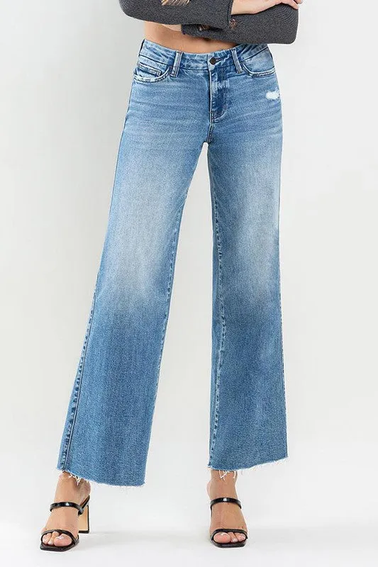 Mid Rise Raw Hem Wide Leg Jeans