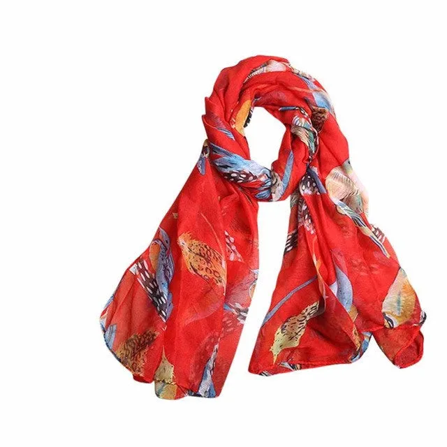 New Arrival Scarf Women Ladies Leaves Birds Print Voile Soft Long Scarf Warm Wrap Shawls Female echarpe hiver femme #1201 SM6