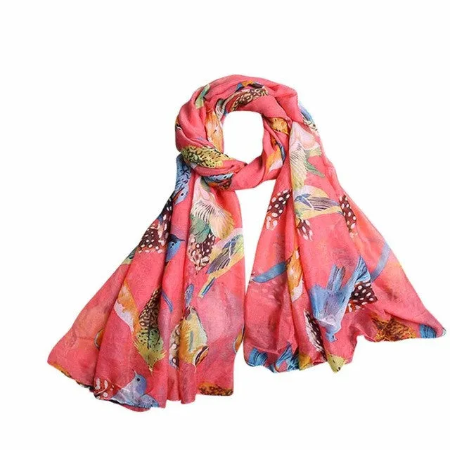 New Arrival Scarf Women Ladies Leaves Birds Print Voile Soft Long Scarf Warm Wrap Shawls Female echarpe hiver femme #1201 SM6