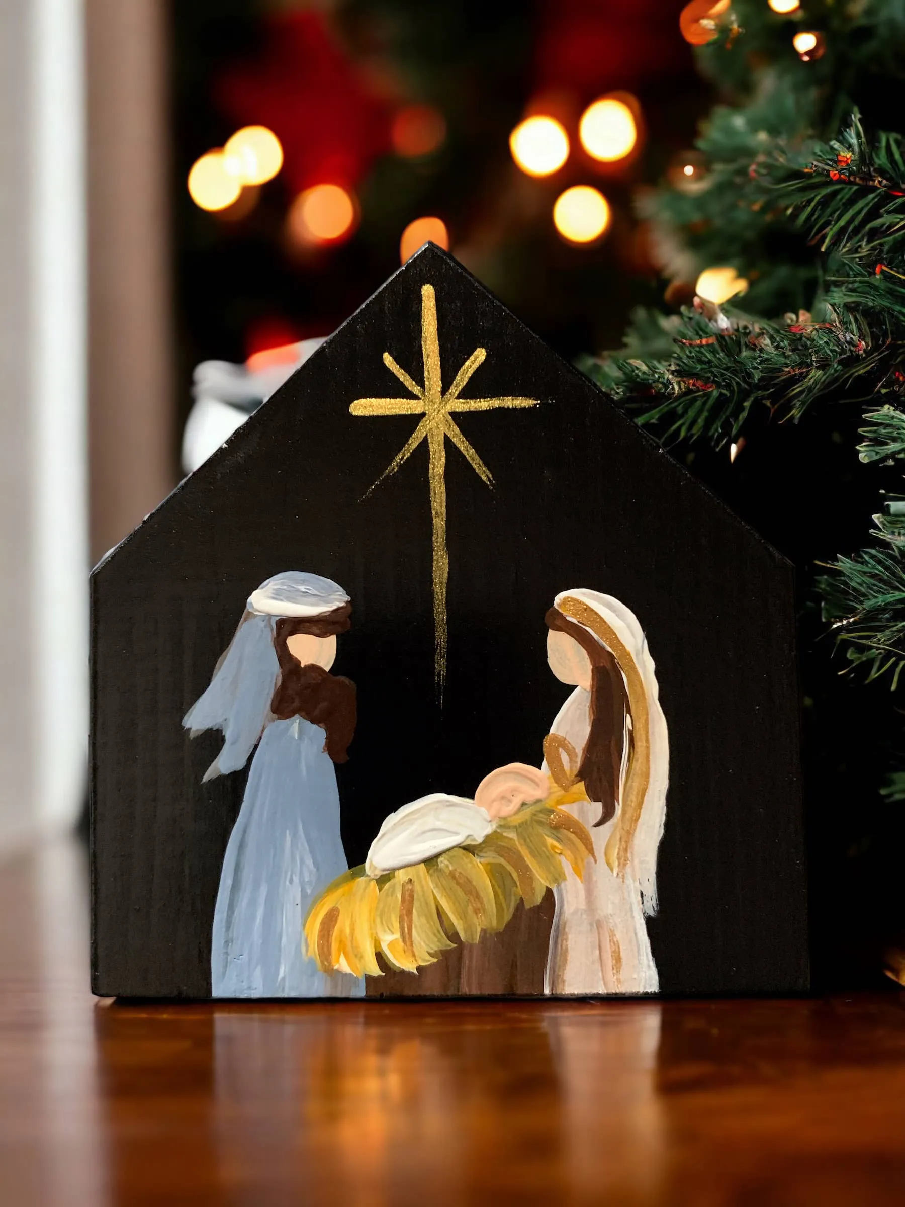 Original Small Nativity, handmade Wood, Black Background