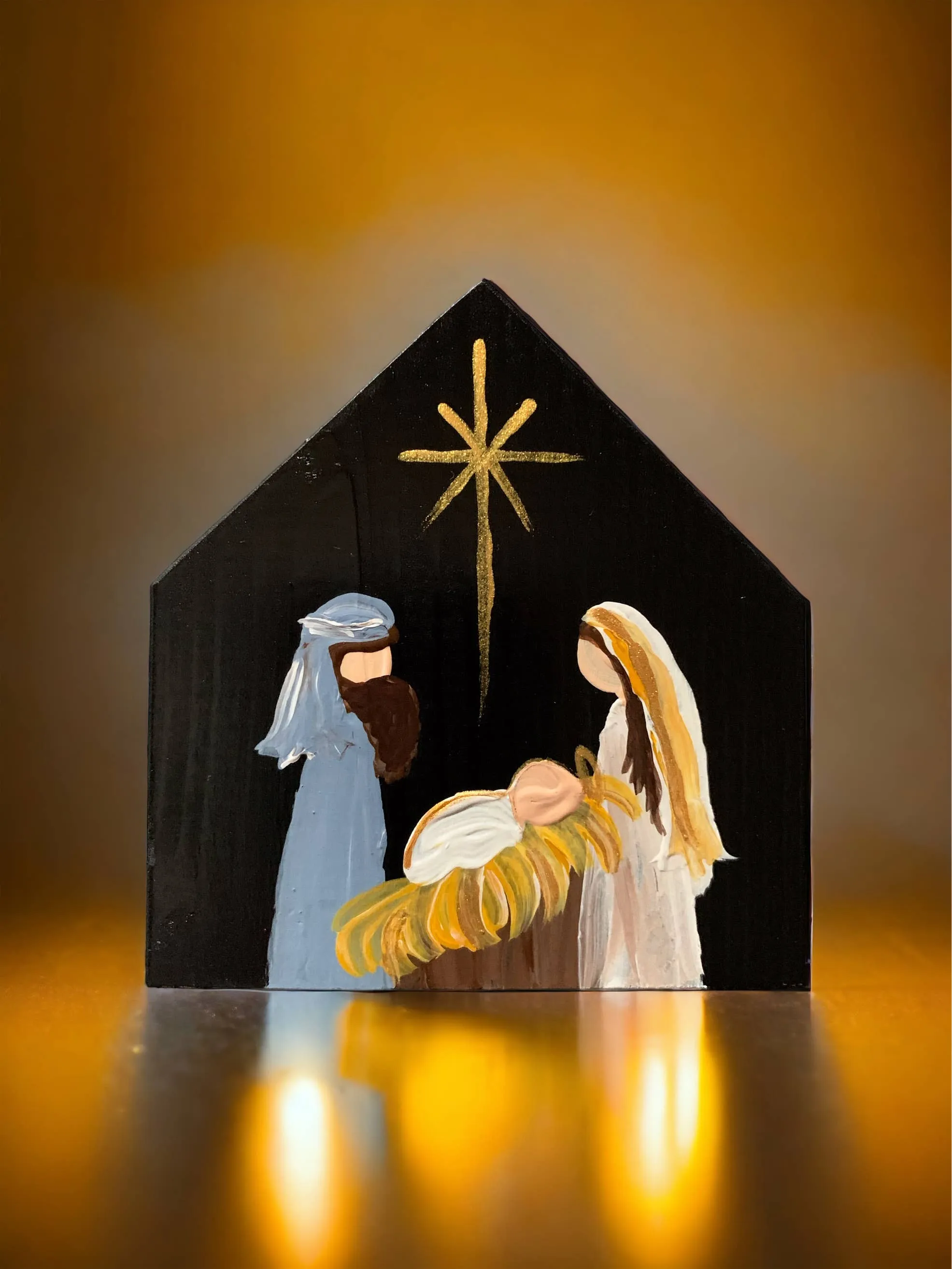 Original Small Nativity, handmade Wood, Black Background