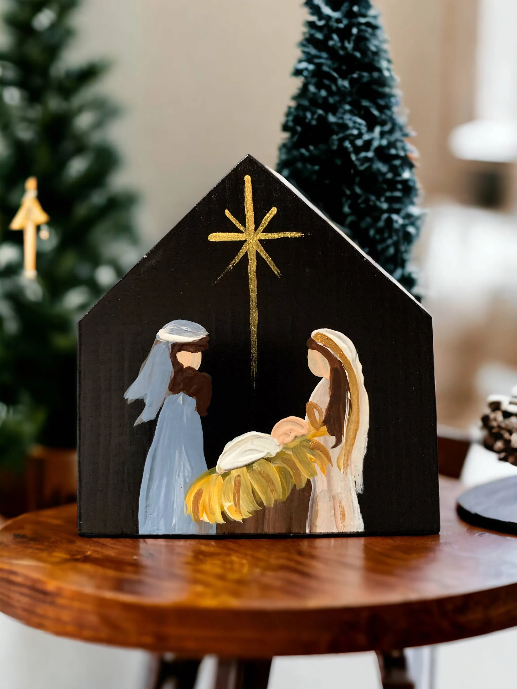 Original Small Nativity, handmade Wood, Black Background