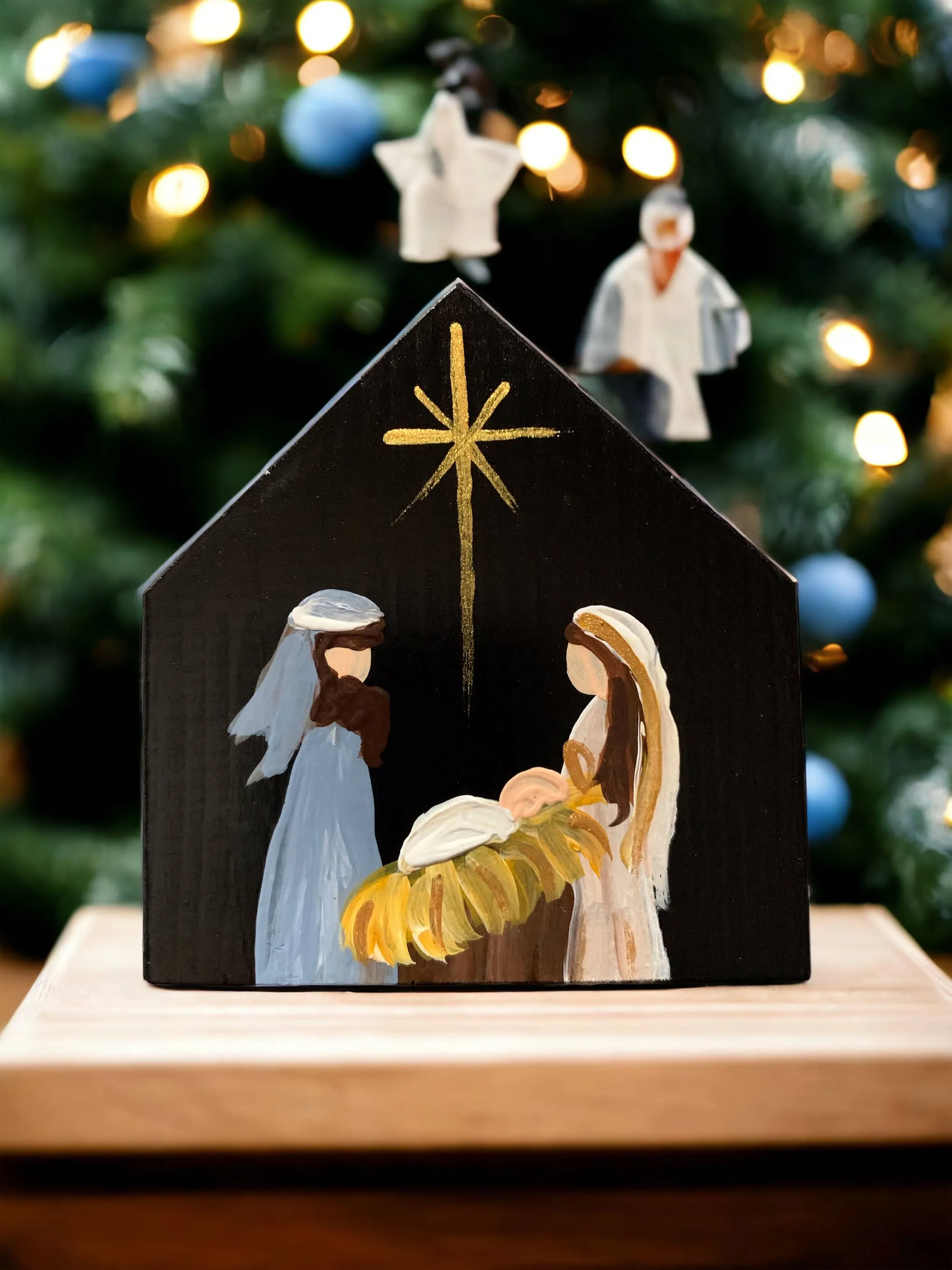 Original Small Nativity, handmade Wood, Black Background