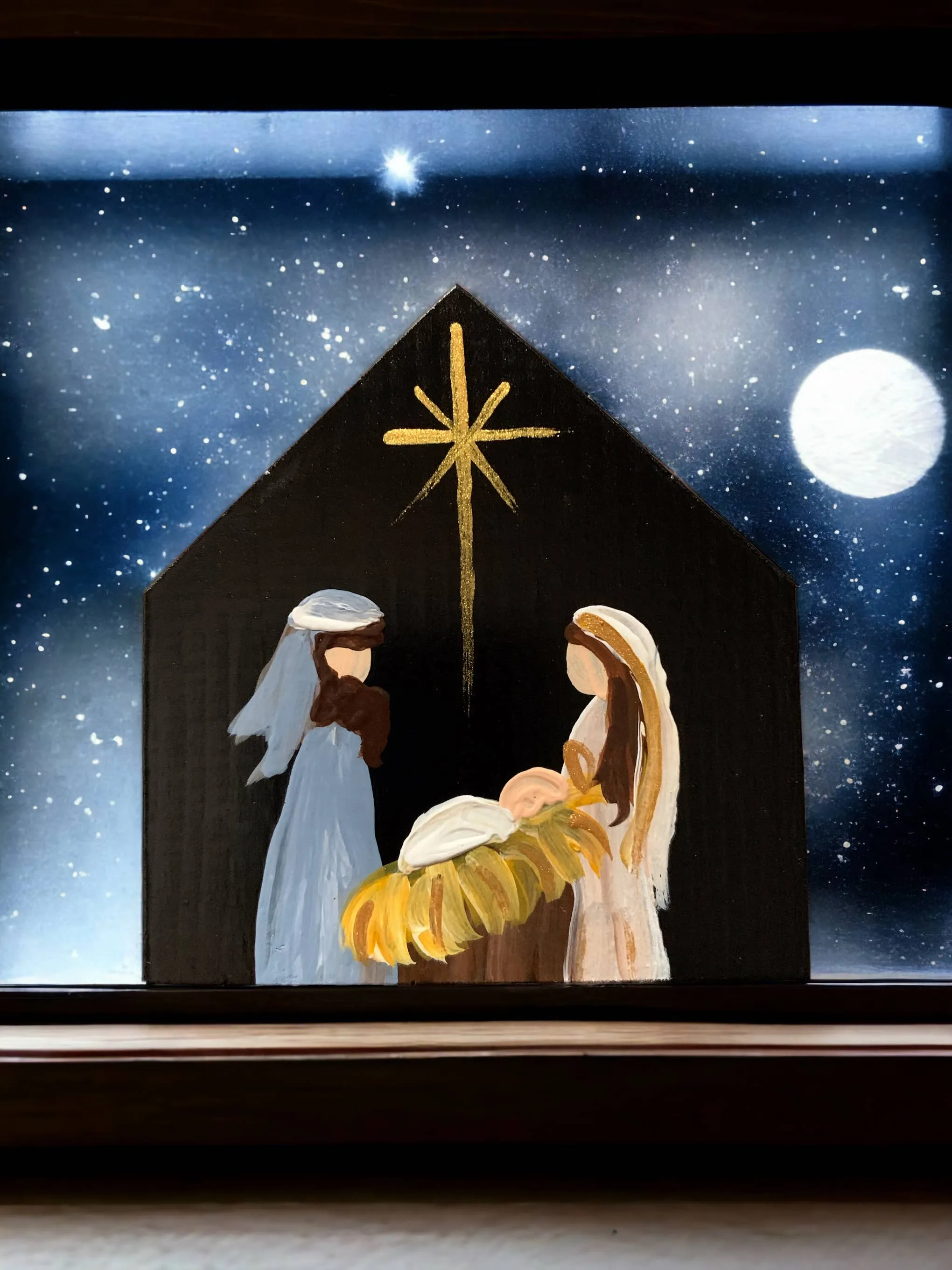 Original Small Nativity, handmade Wood, Black Background