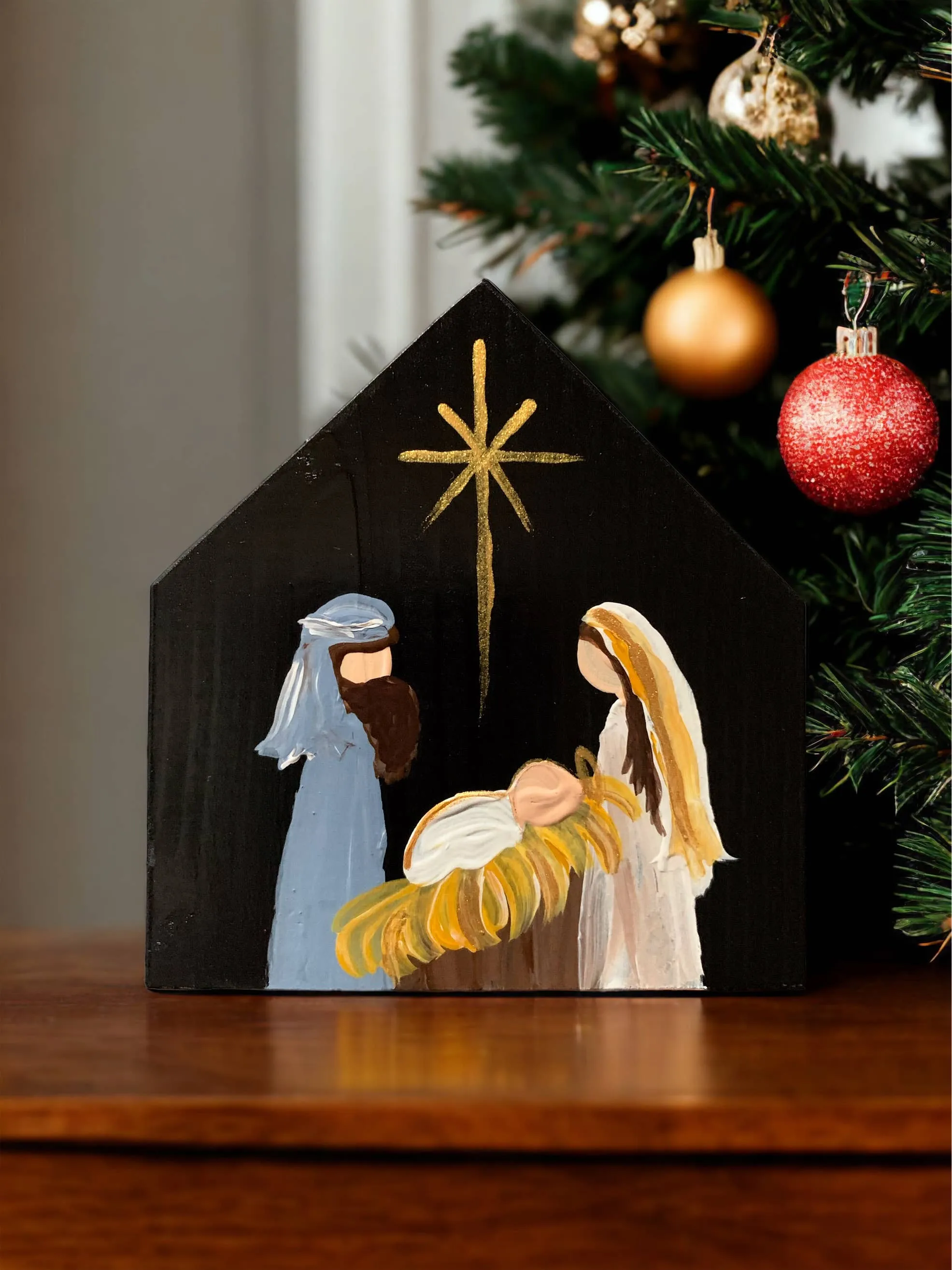 Original Small Nativity, handmade Wood, Black Background