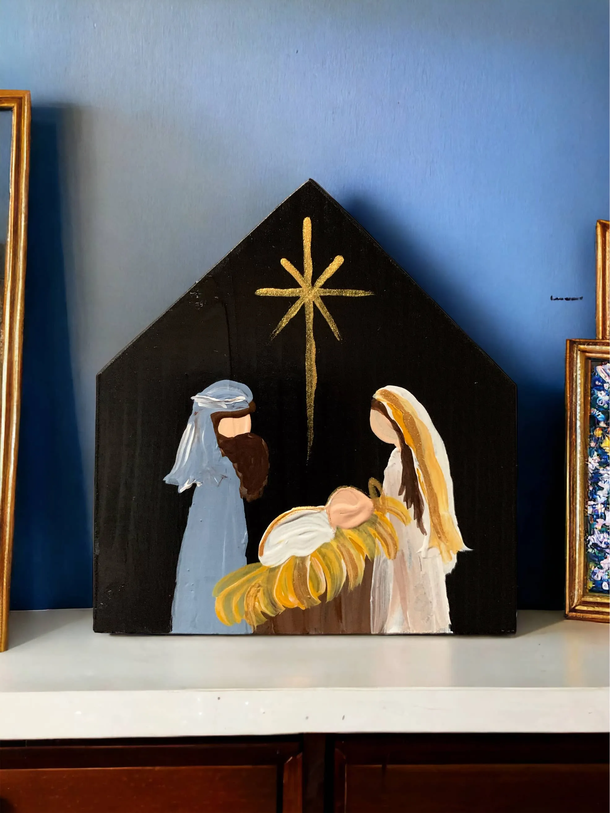 Original Small Nativity, handmade Wood, Black Background