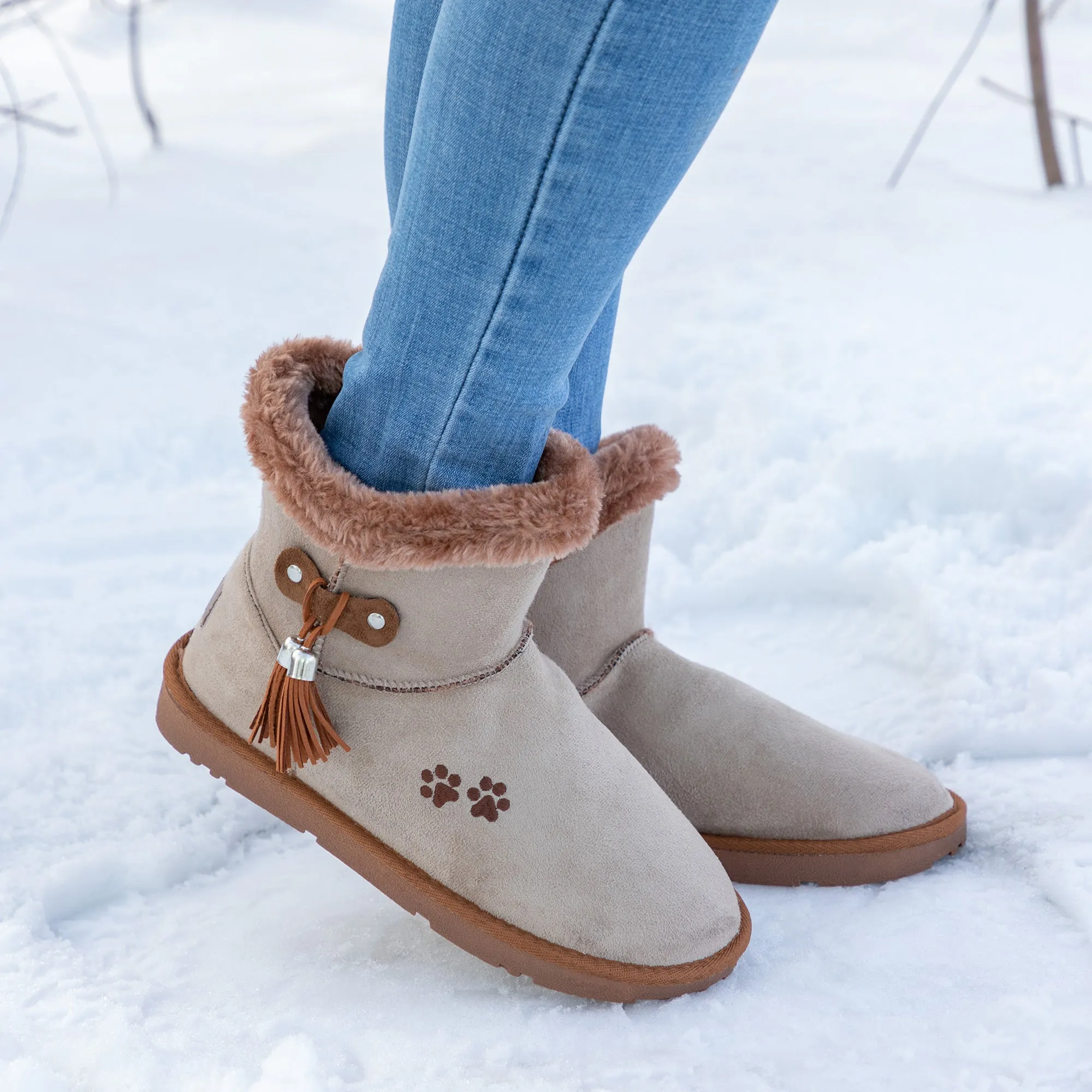 Paw Print Faux Suede Boots With Tassels