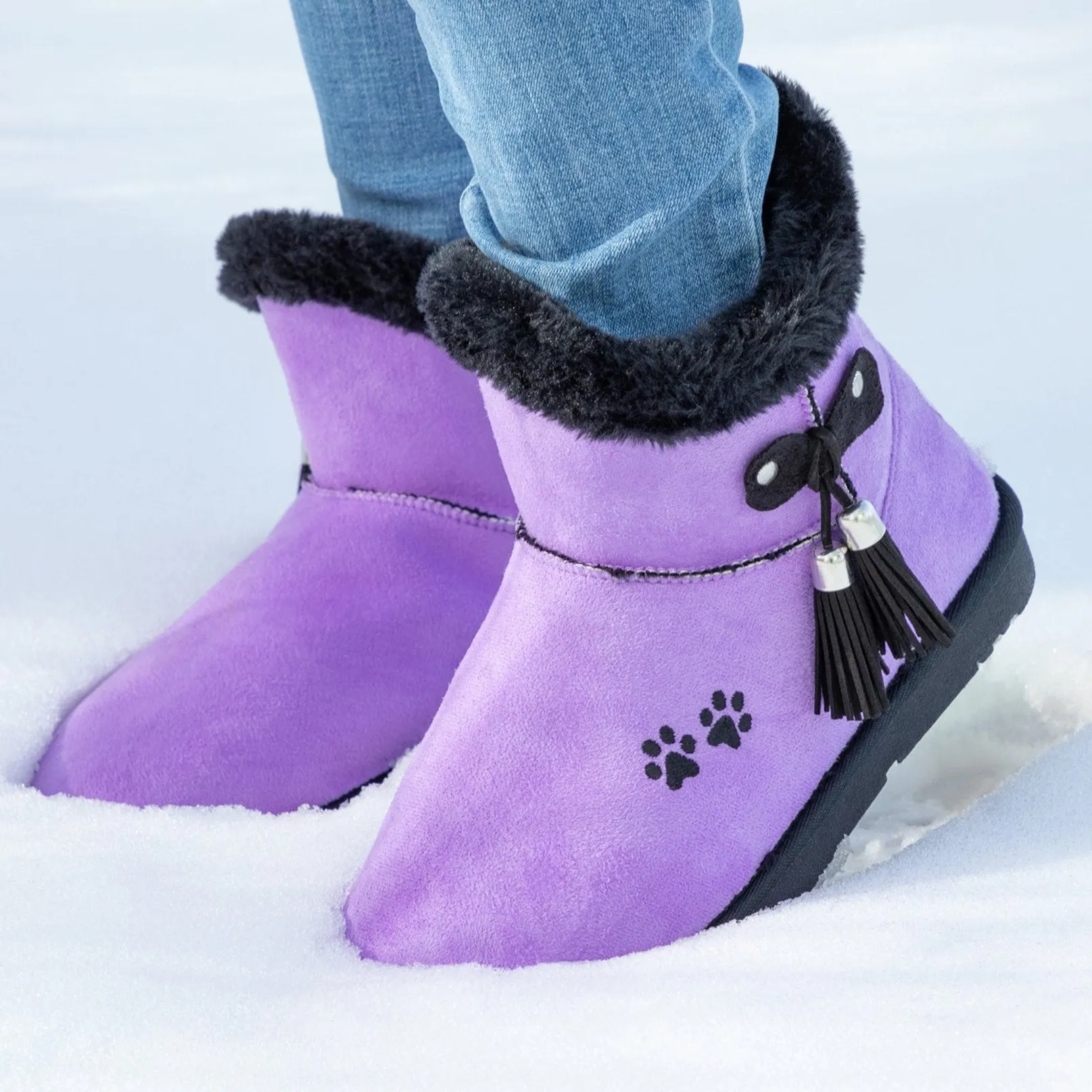 Paw Print Faux Suede Boots With Tassels