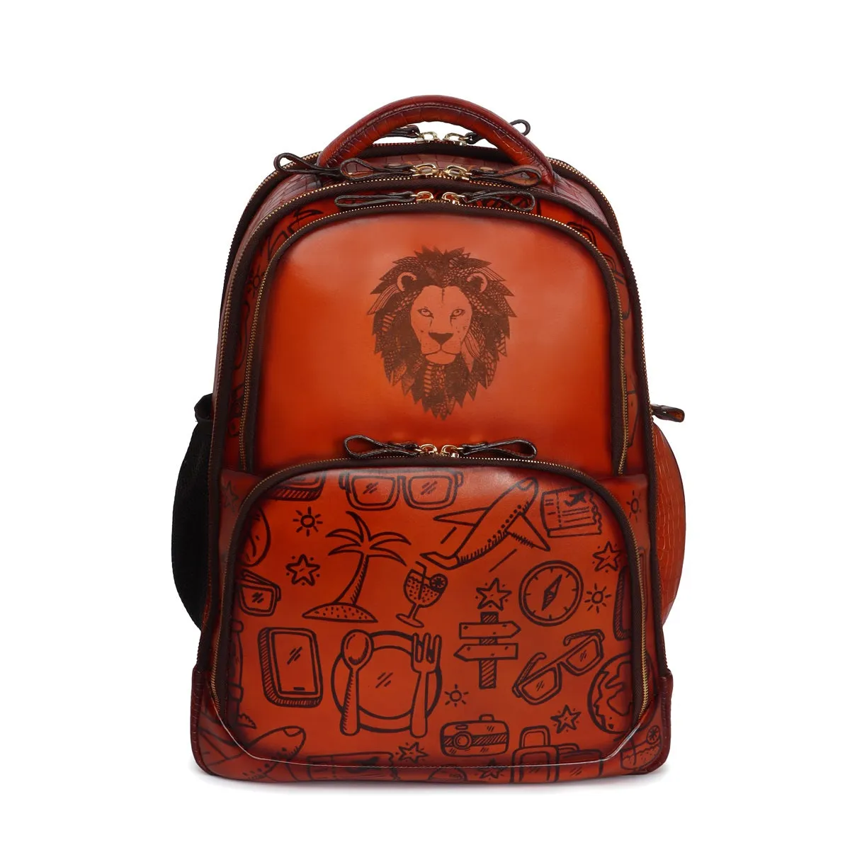 Personalized Laser Lion Hand Painted Doodle Art Tan Leather Backpack By Brune & Bareskin