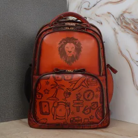 Personalized Laser Lion Hand Painted Doodle Art Tan Leather Backpack By Brune & Bareskin