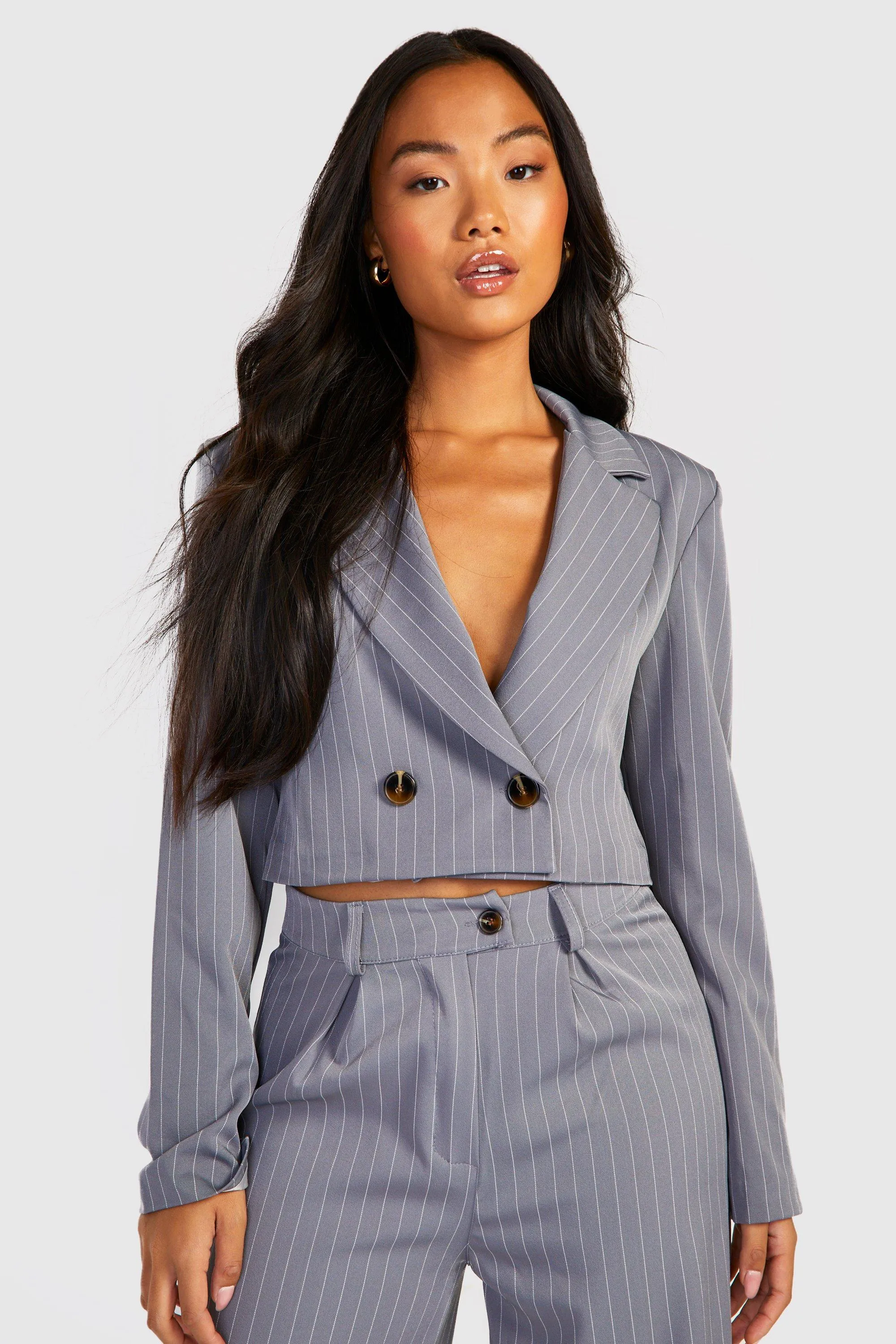 Petite Woven Pinstripe Cropped Blazer