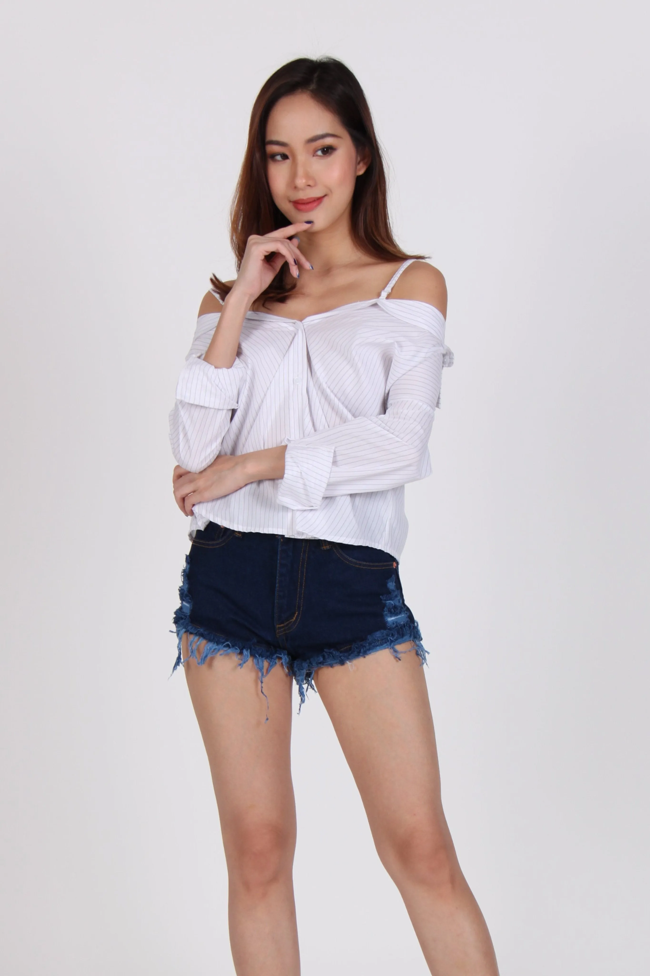 Pinstripe Multi-Way Boyfriend Shirt in White