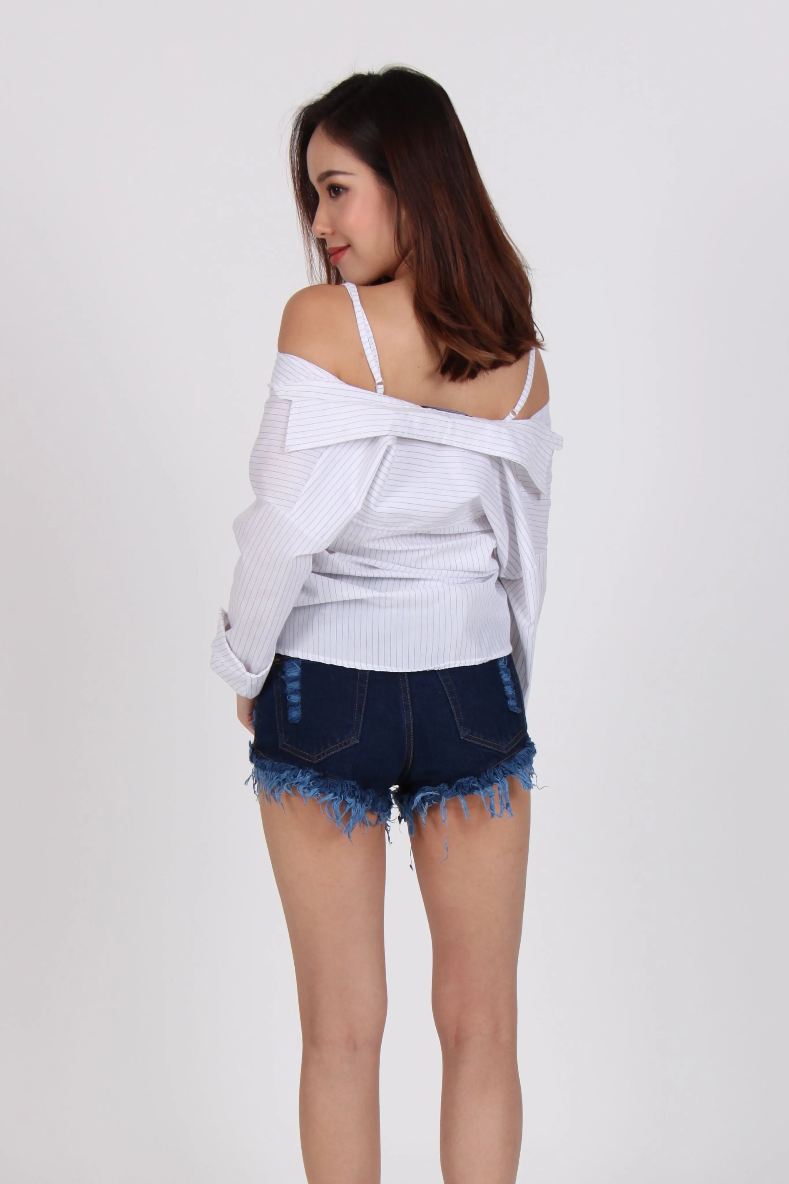 Pinstripe Multi-Way Boyfriend Shirt in White