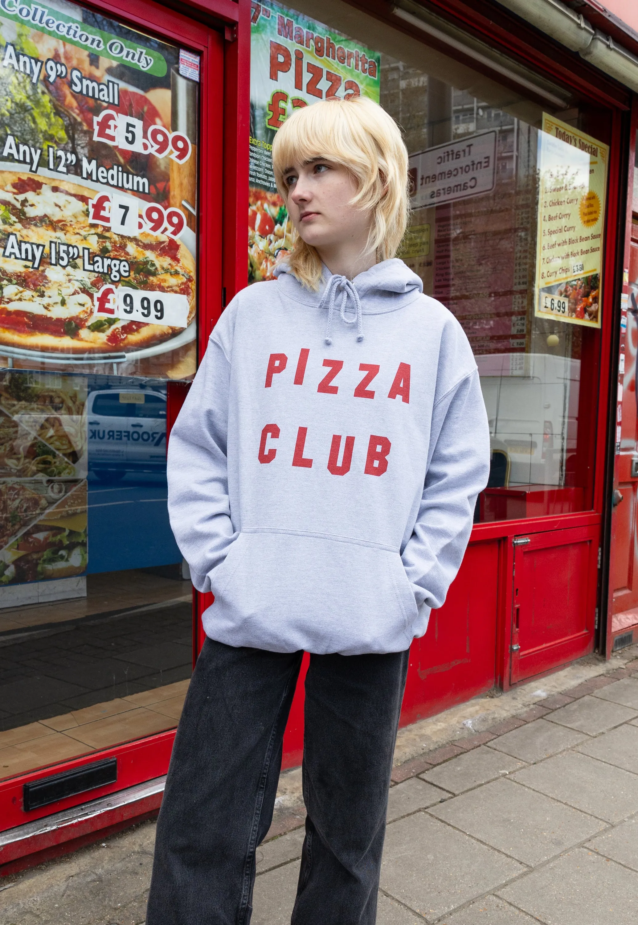 Pizza Club Slogan Hoodie In Grey