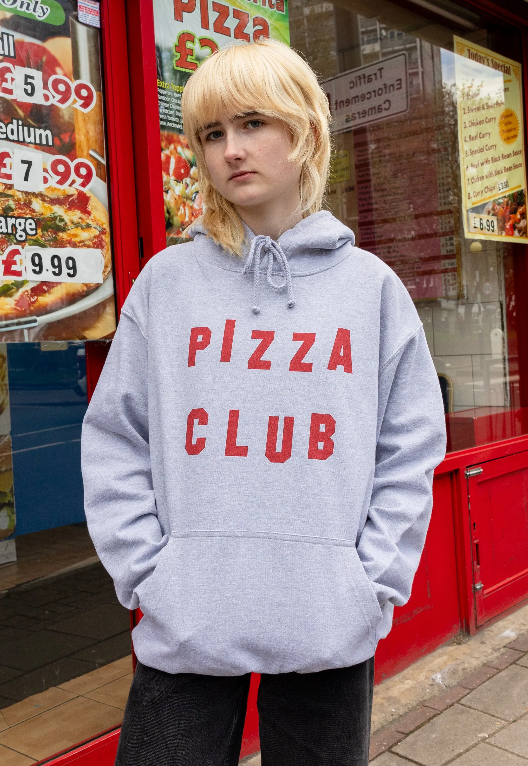 Pizza Club Slogan Hoodie In Grey