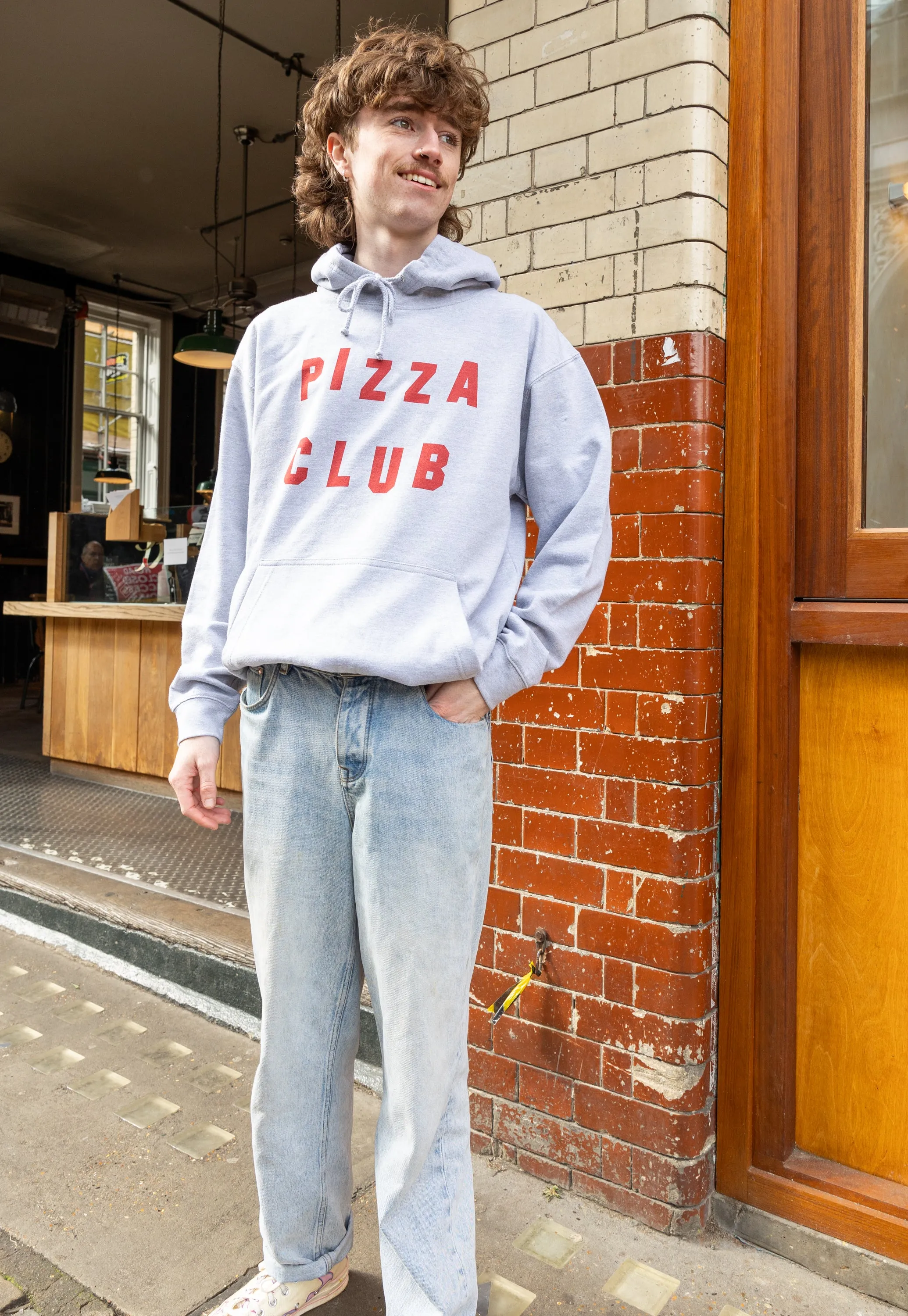 Pizza Club Slogan Hoodie In Grey