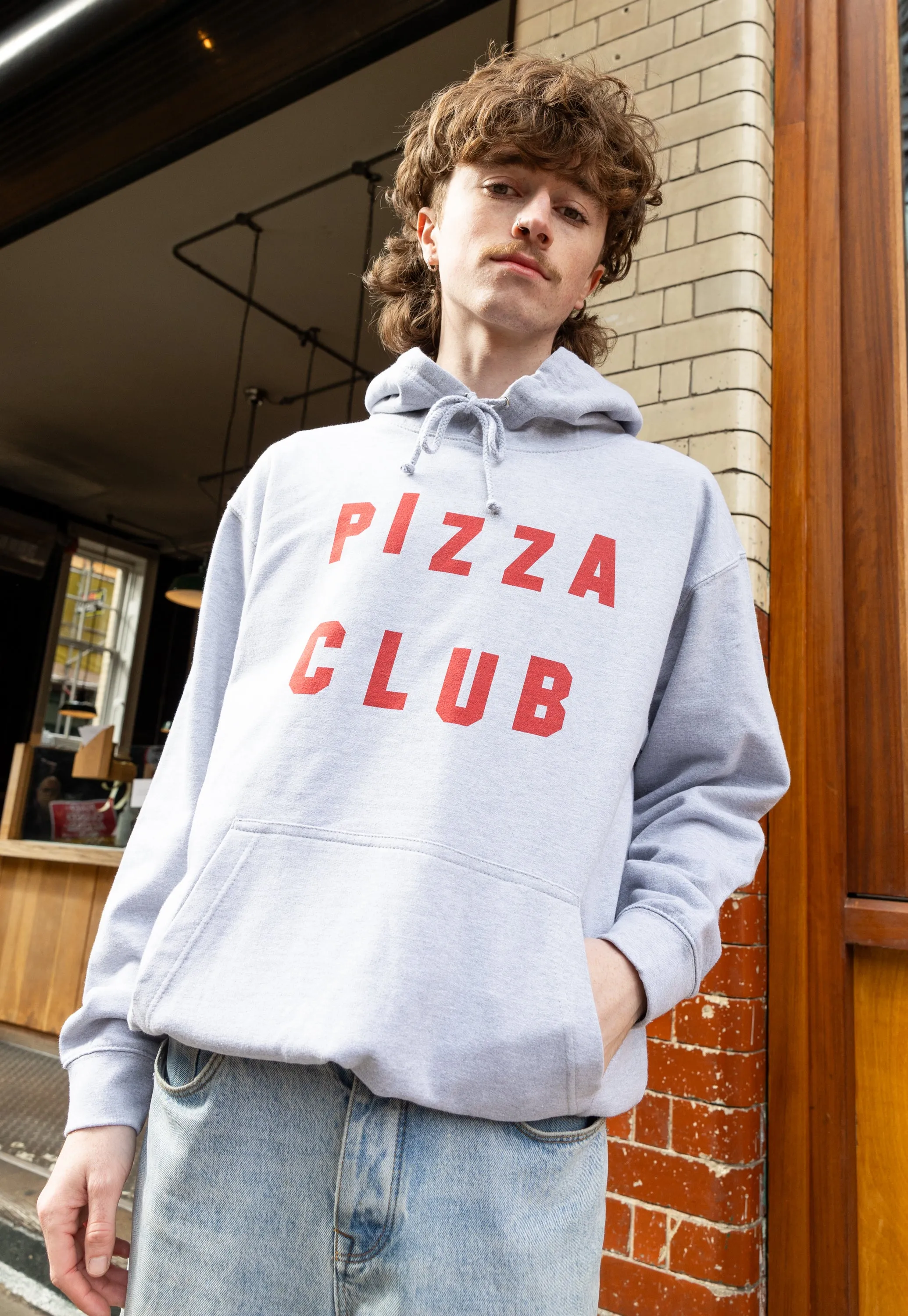 Pizza Club Slogan Hoodie In Grey