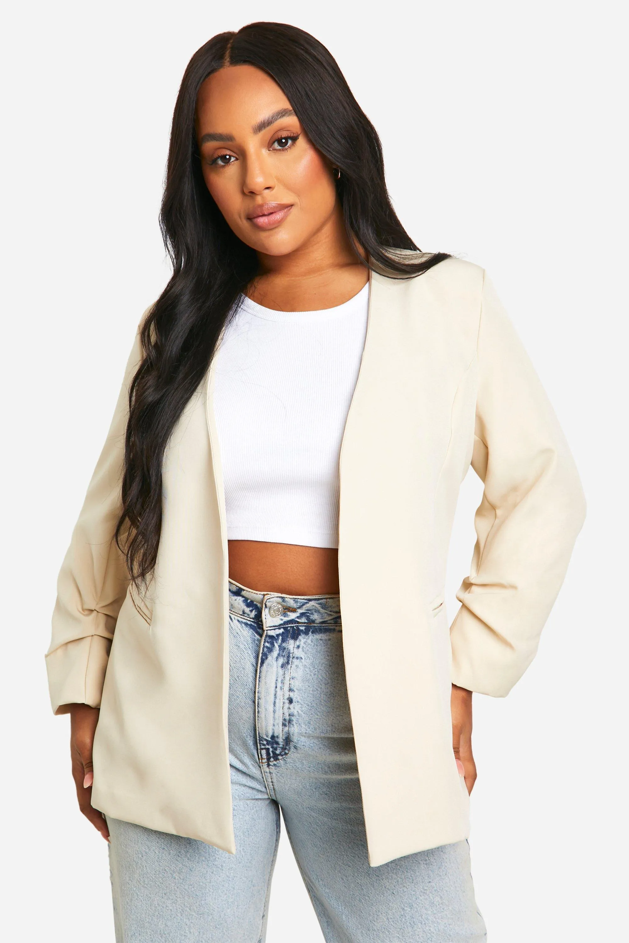 Plus Collarless Ruched Sleeve Blazer