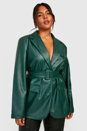 Plus Faux Leather Belted Blazer