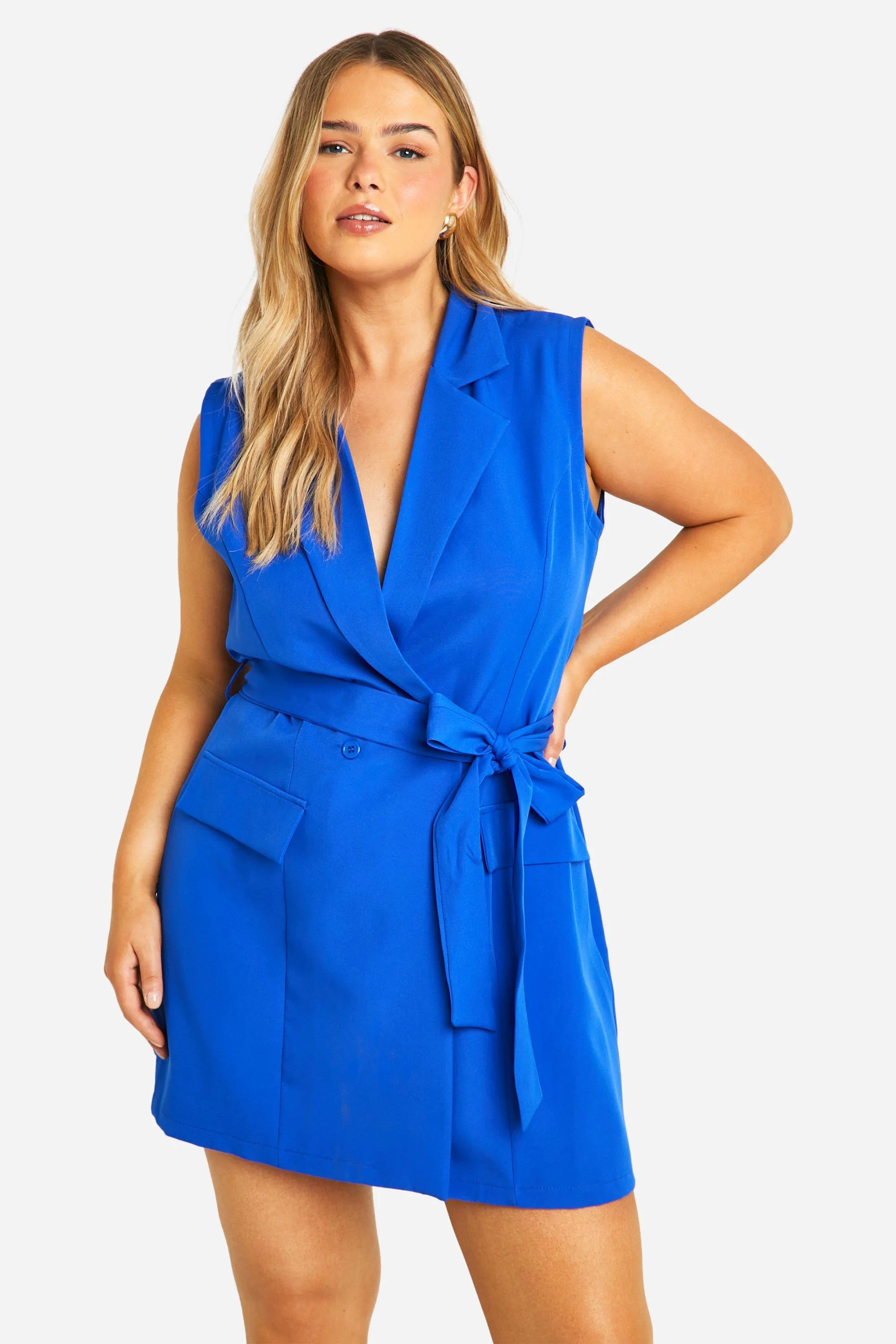 Plus Sleeveless Pocket Detail Blazer Dress