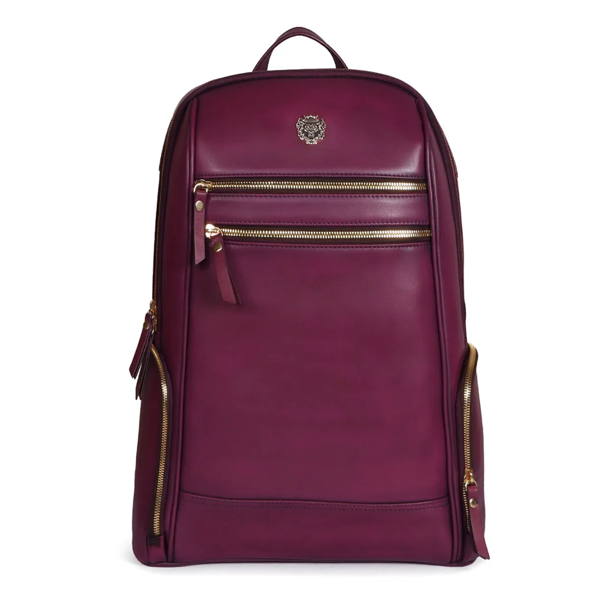 Purple Italian Leather Multi-Pockets Metal Lion Logo Women's Backpack By Brune & Bareskin