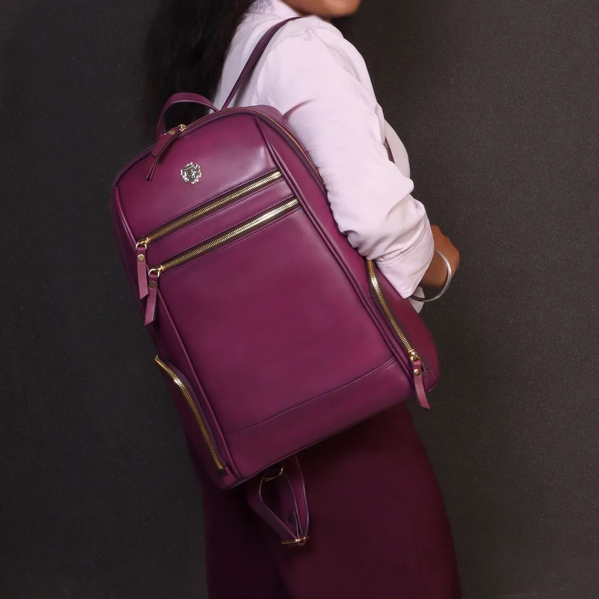 Purple Italian Leather Multi-Pockets Metal Lion Logo Women's Backpack By Brune & Bareskin