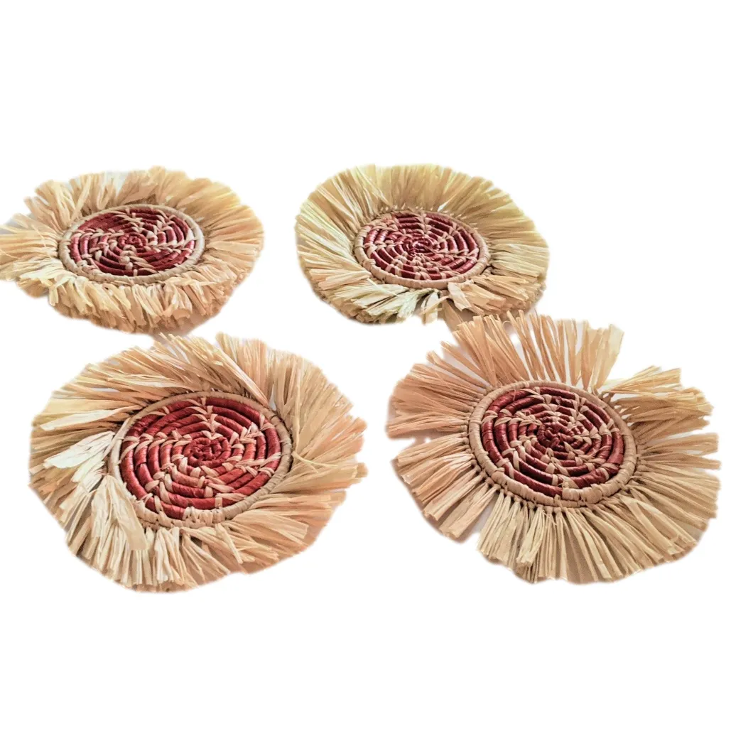 Raffia Straw Coasters with Fringes | Terracotta