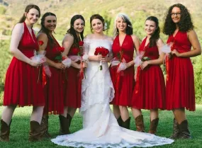 Red Chiffon Country Halter Neck Bridesmaid Dresses Short with Cowboy Boots