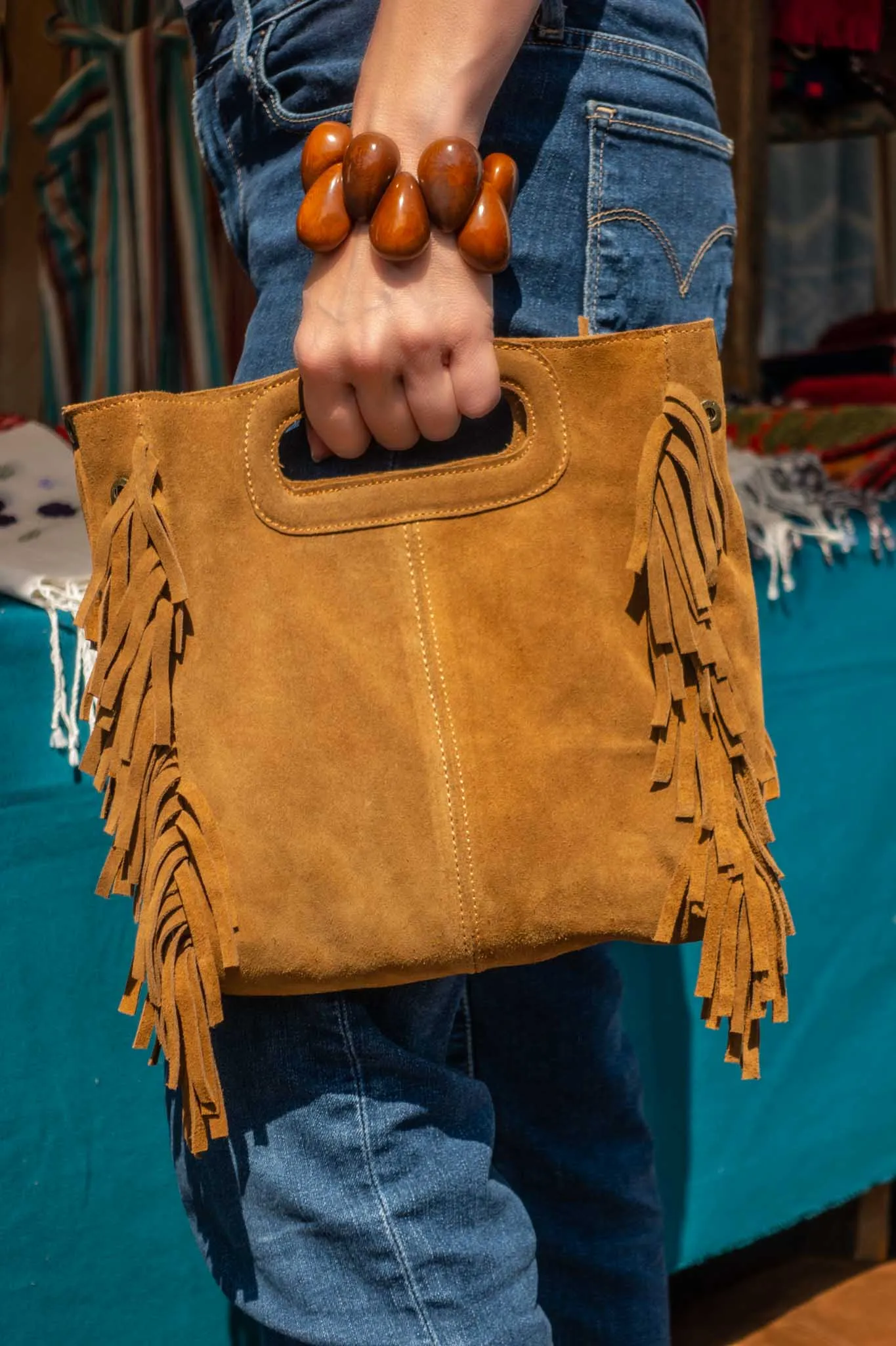 Sanna Suede Leather Mini Fringe Bag in Brown