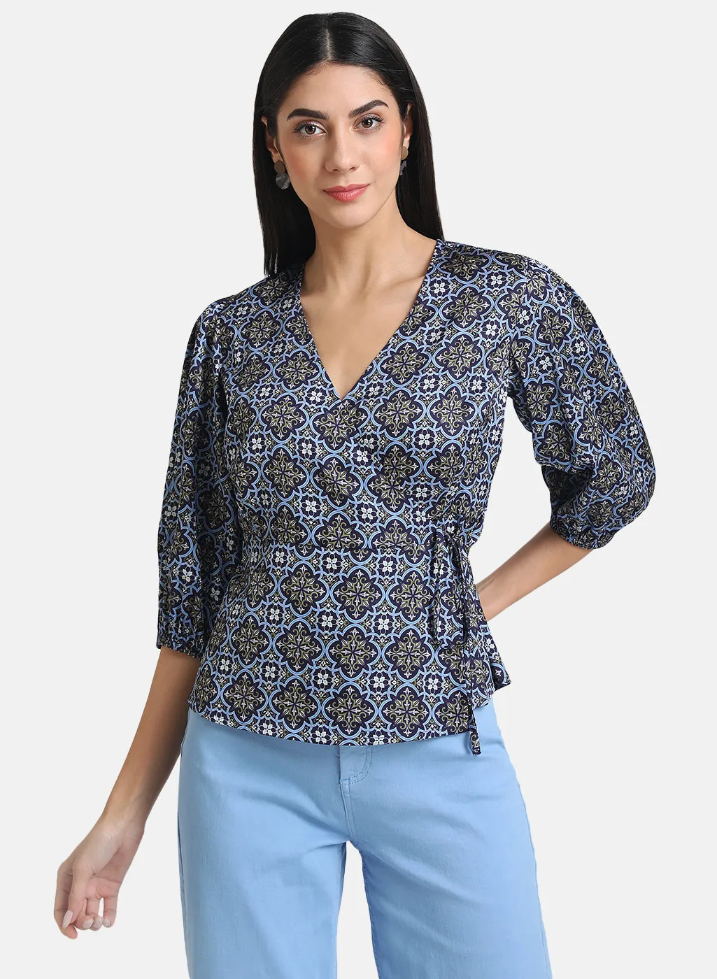 Satin Print Wrap Top