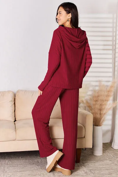 Serenity Lounge Set Ribbed Drawstring Hood Top and Straight Pants