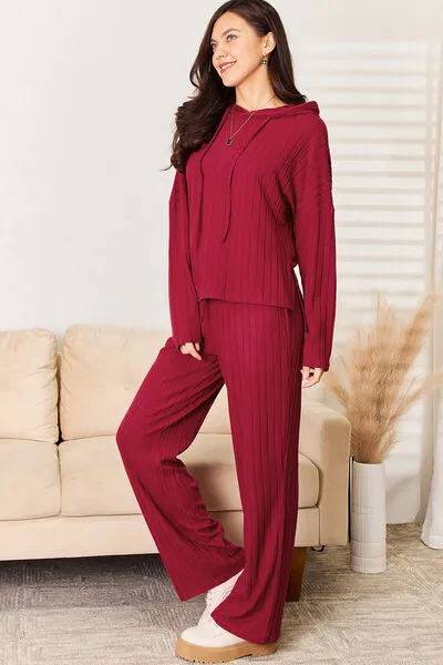 Serenity Lounge Set Ribbed Drawstring Hood Top and Straight Pants