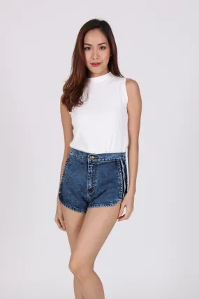 Side Bands High Waist Jogger Denim Shorts in Mid Stone Wash