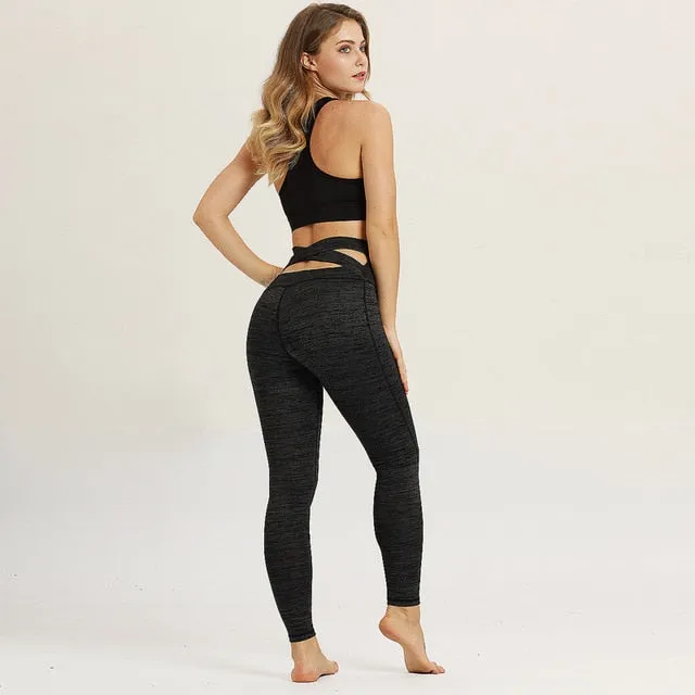 Solid Women Leggings Fitness High Waist Elastic Push Up Corss Hollow Out Ankle Length Polyester Leggings