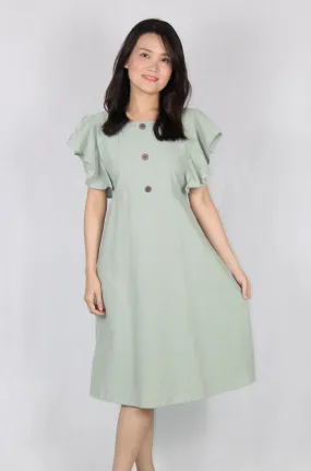 Square Neck Ruffles Sleeve Flare Dress in Green