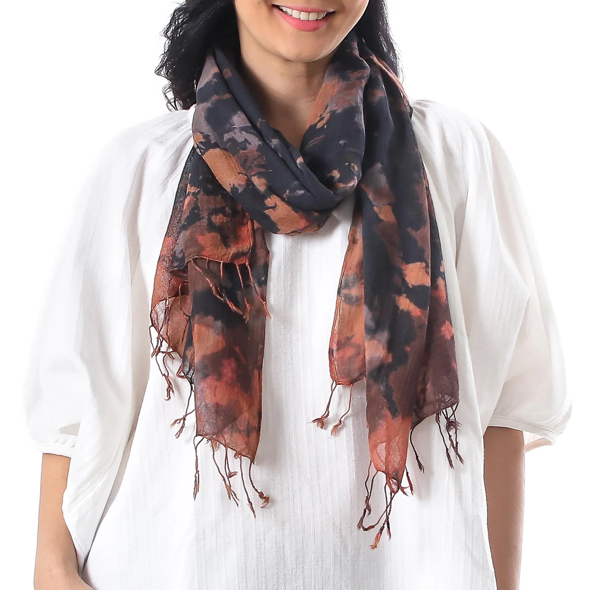 Subtle Colors Tie-Dyed Fringed Cotton Wrap Scarf in Brown from Thailand