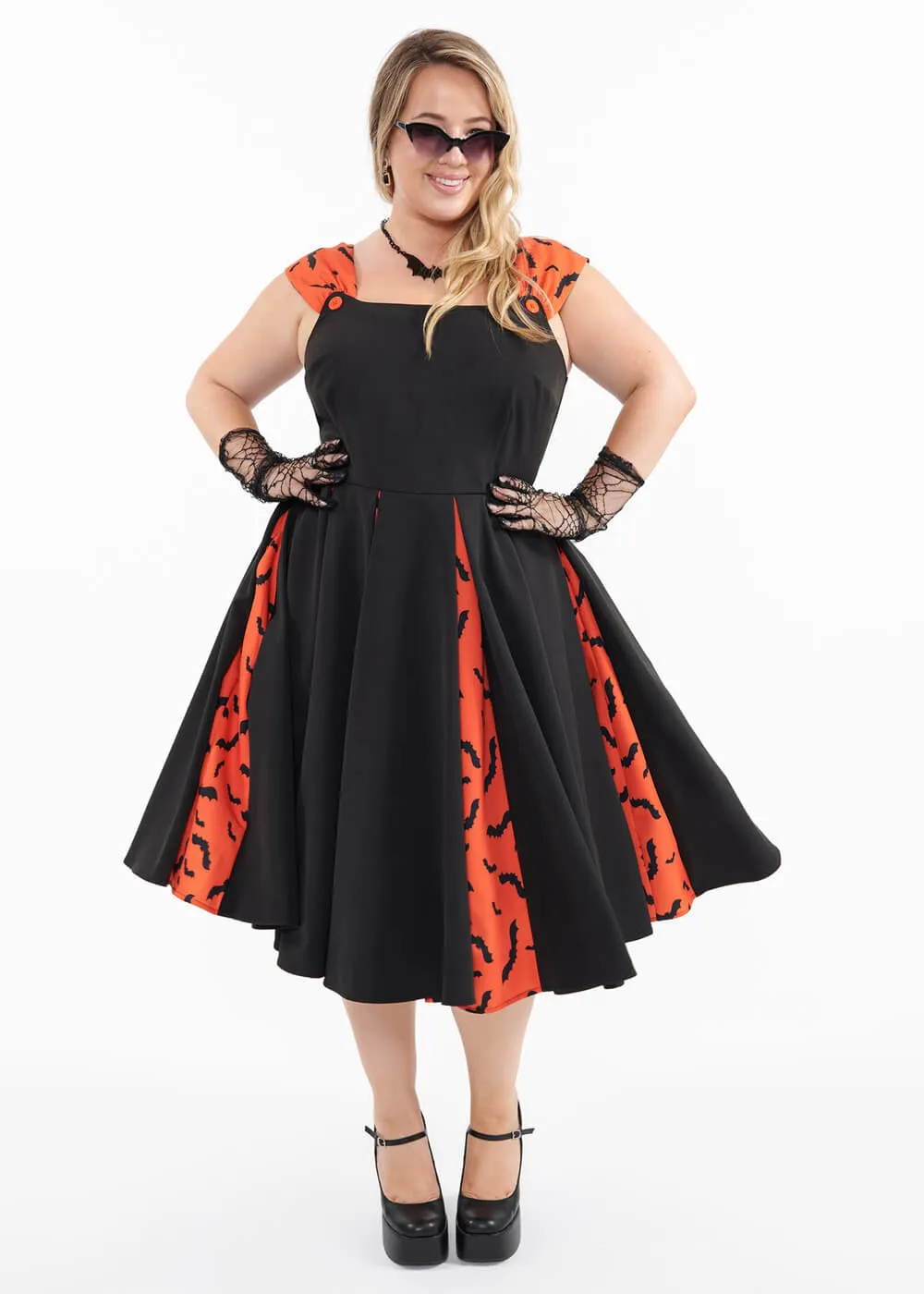 Unique Vintage Fly Bats Fly 50's Swing Dress Black Orange