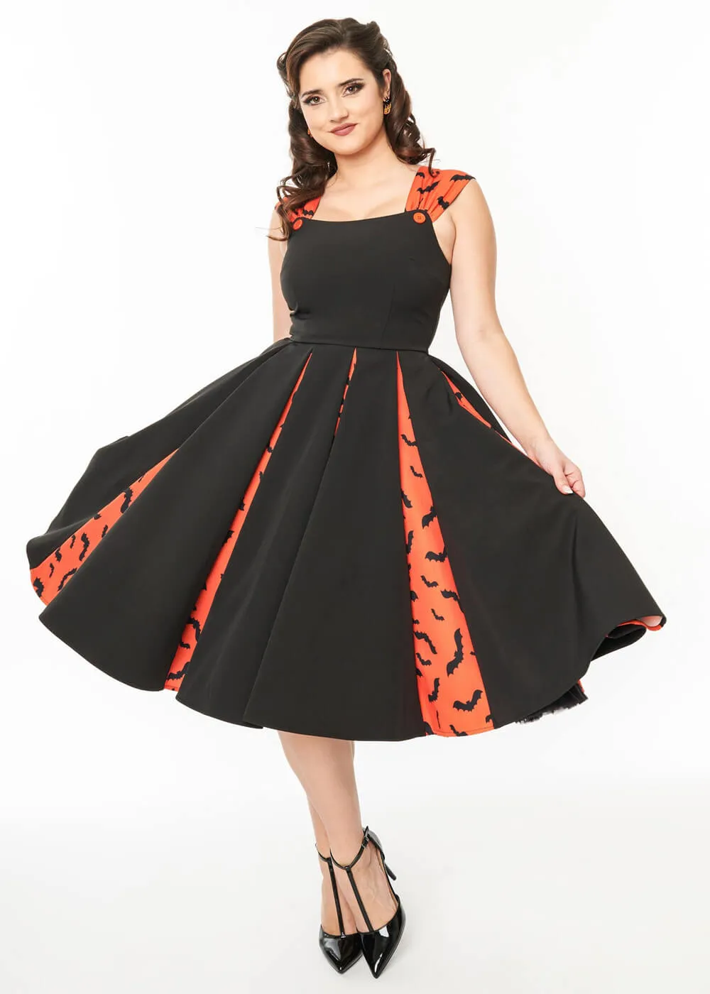 Unique Vintage Fly Bats Fly 50's Swing Dress Black Orange