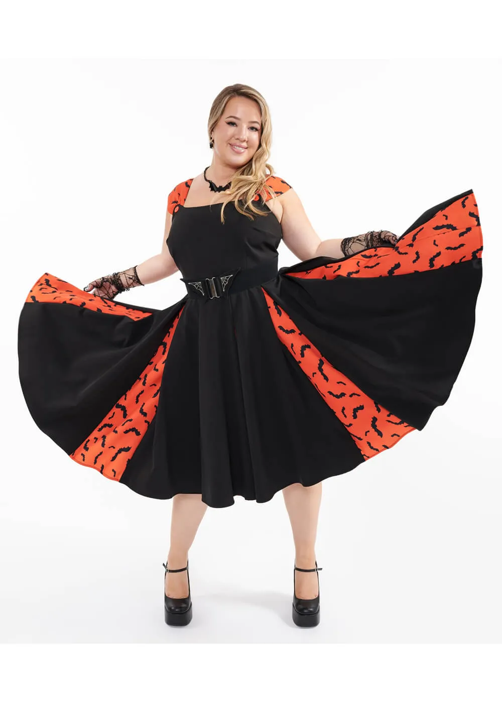 Unique Vintage Fly Bats Fly 50's Swing Dress Black Orange