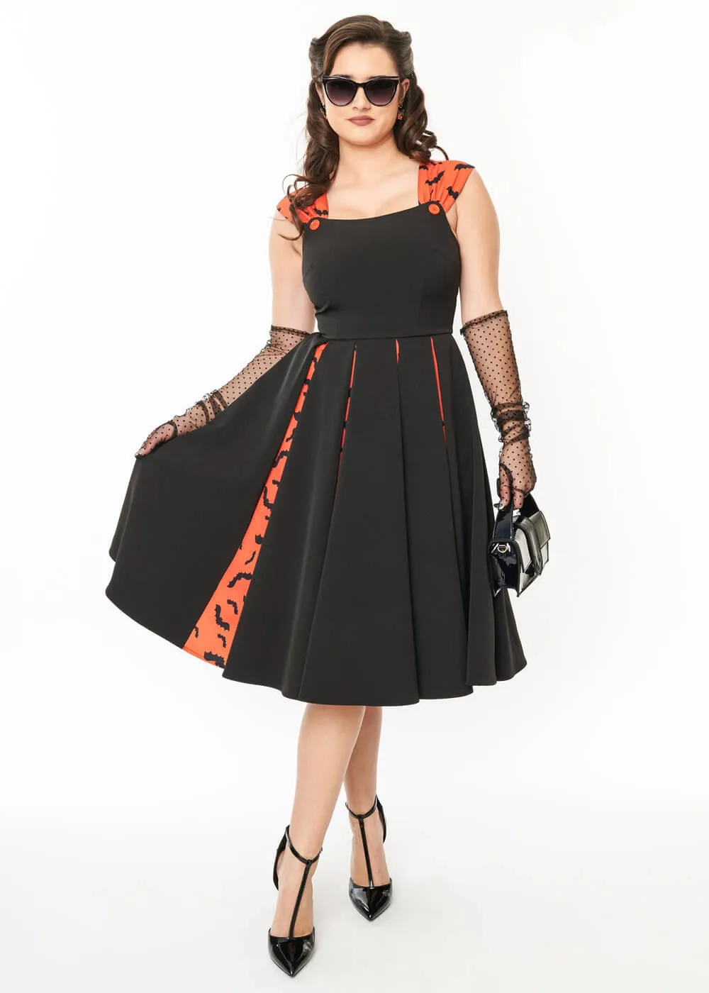 Unique Vintage Fly Bats Fly 50's Swing Dress Black Orange